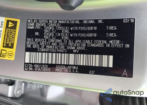 2016 Toyota Highlander Xle V6 из США, поврежденный, VIN 5TDKKRFH3GS146873